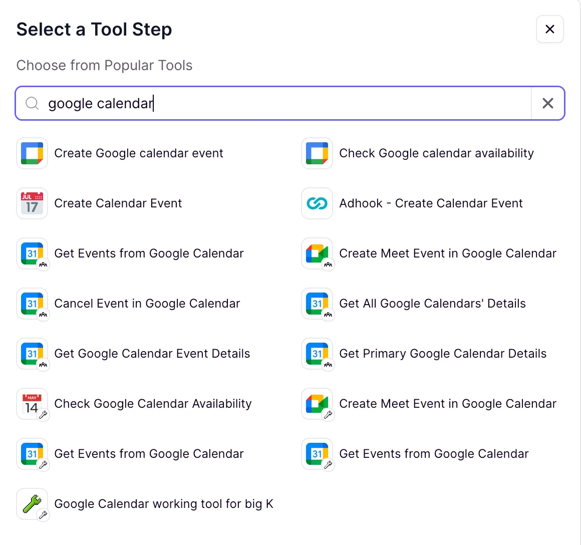 Available calendar tools for scheduling agents