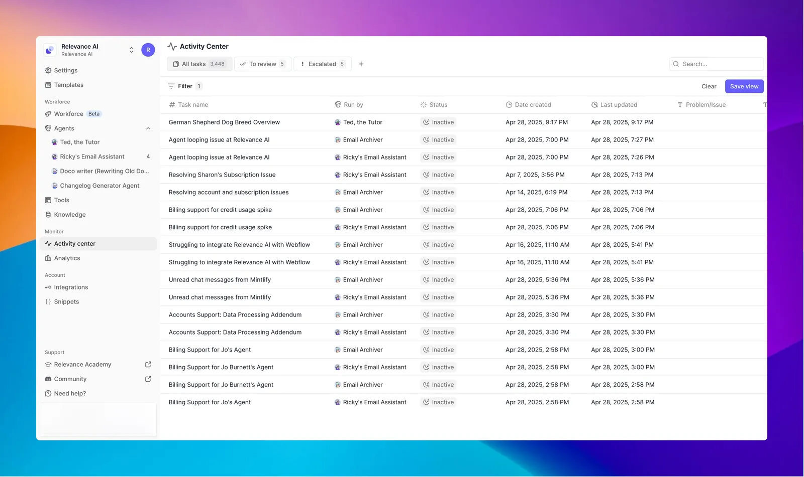 The Activity Center, listing an agent's recent runs and their status