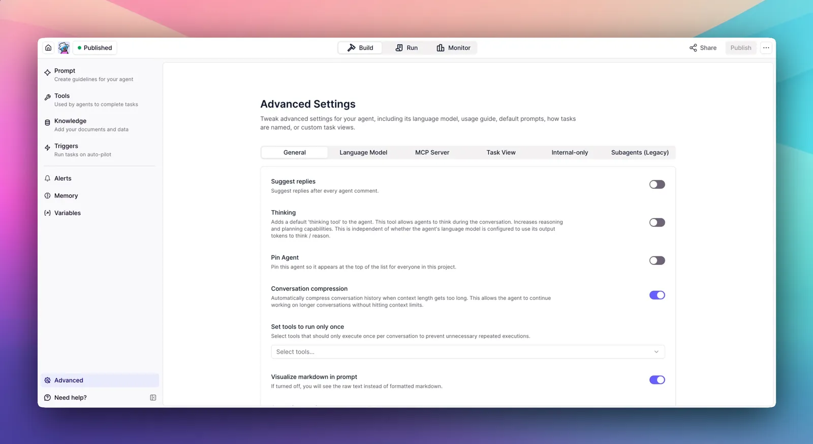 The General tab of an agent's advanced settings
