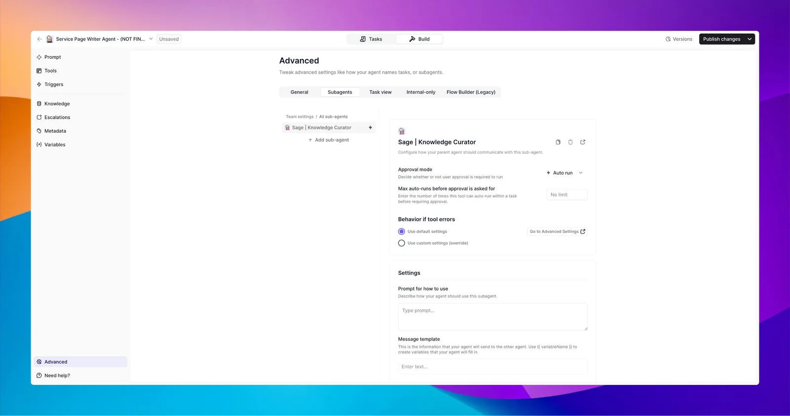 The Subagents panel in an agent's settings
