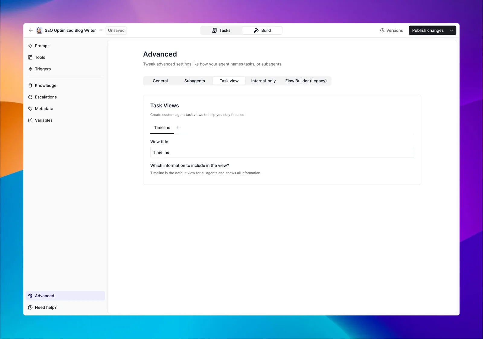 The Tasks view for an agent