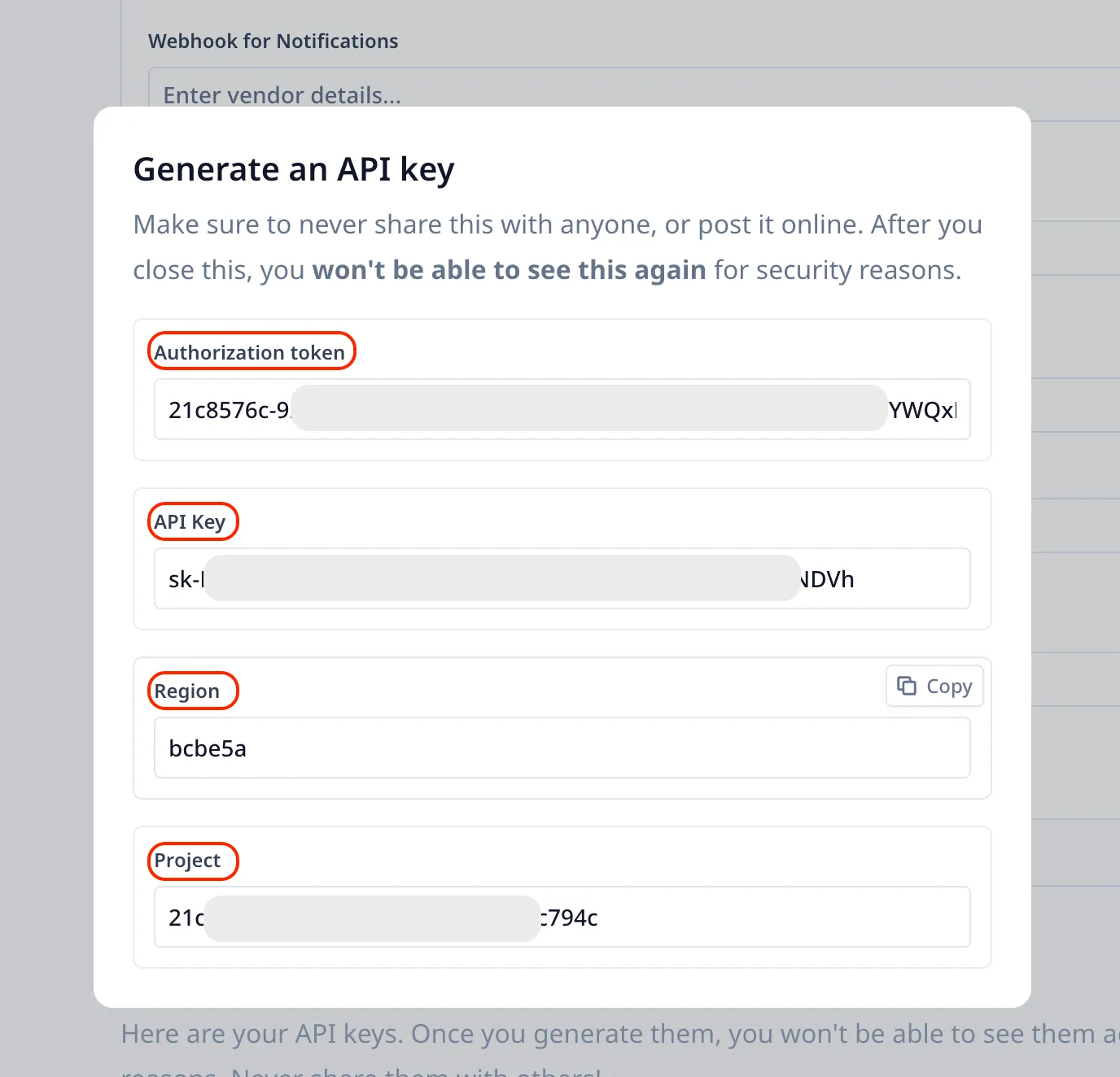 The API key details panel, showing the key, region and project id