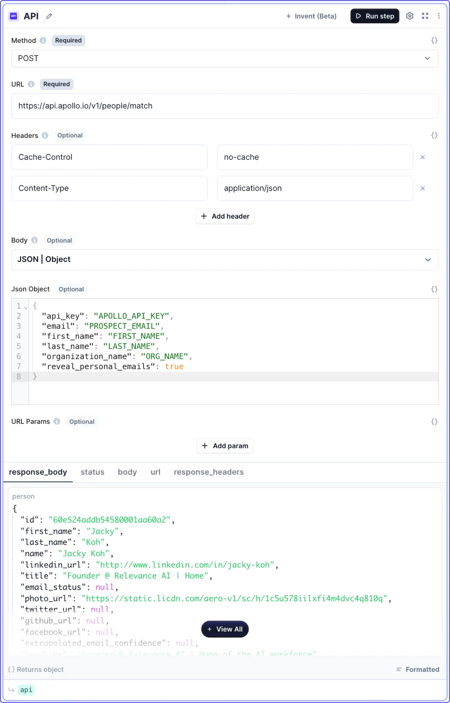 An Apollo API tool step returning contact details, funding information and seniority for an enriched lead