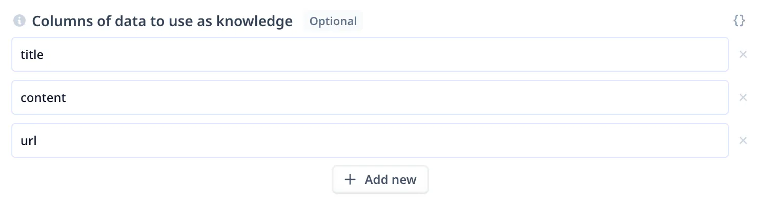 The column selection modal, with title, content and url selected