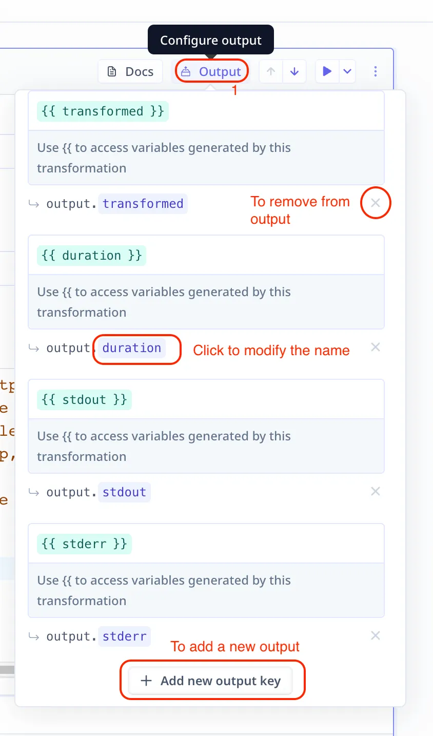 The output configuration panel for a step