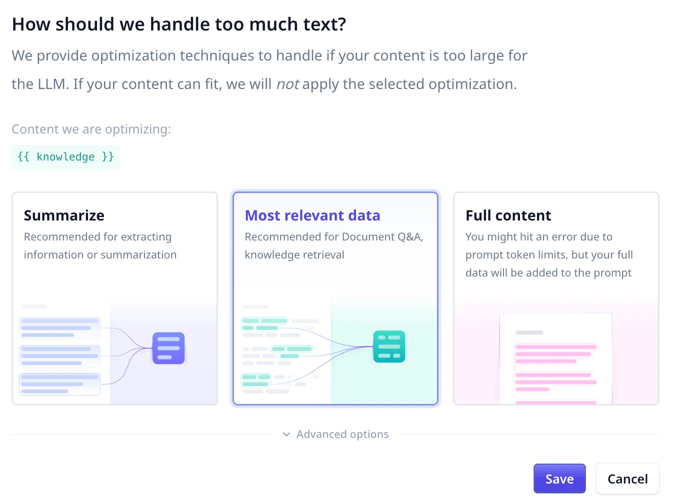 The options for handling text that exceeds the model context window