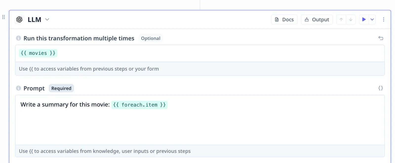The Loop input on a step, bound to a list variable