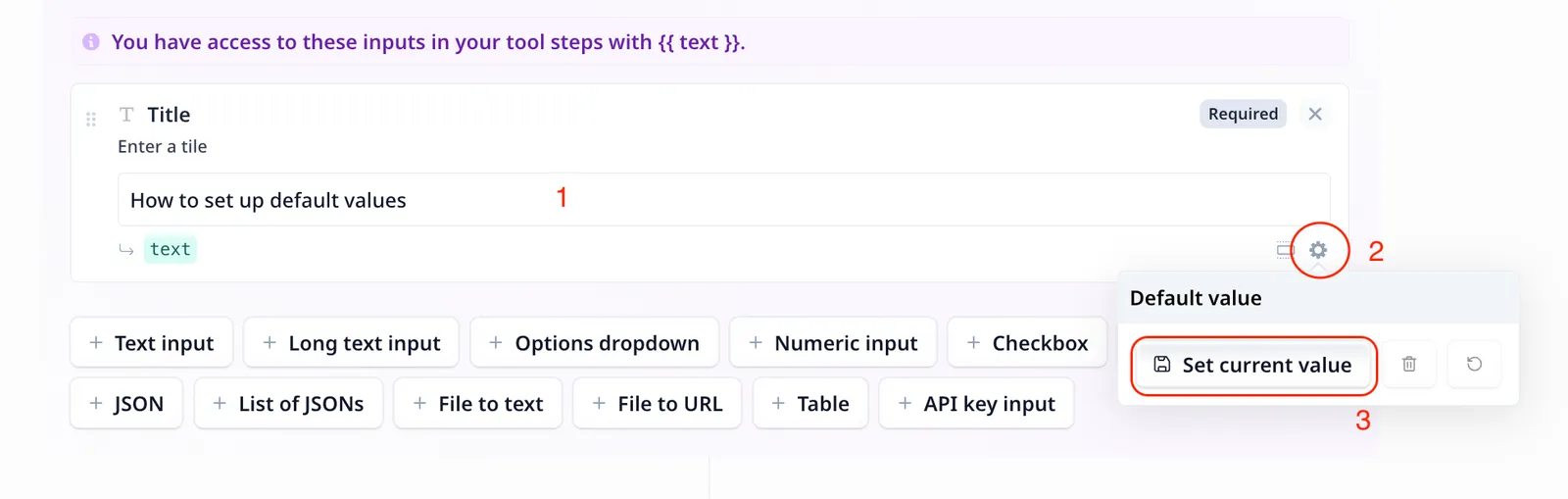 The default value field on a step input