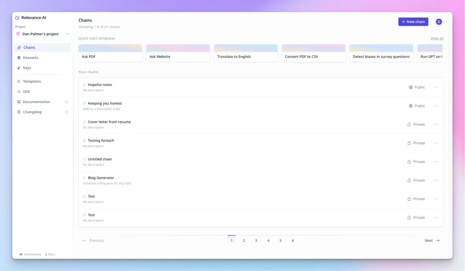 New dataset and chain building dashboard