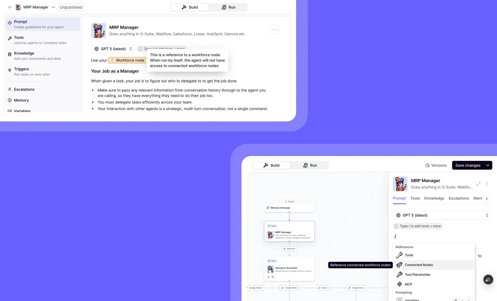Connect agents, tools, and workflows with workforce node references