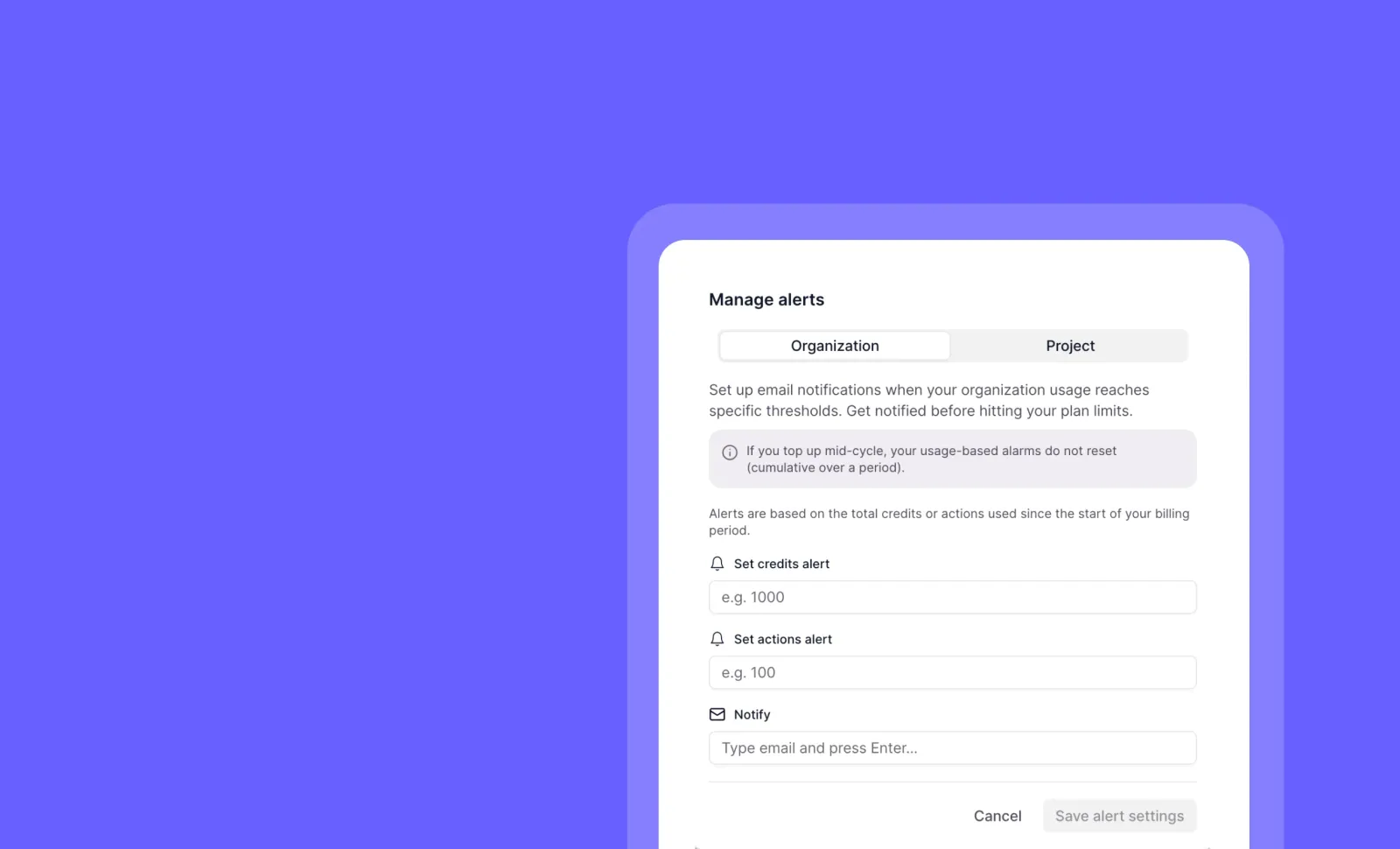 Usage alerts: Monitor AI spend with credit & action thresholds