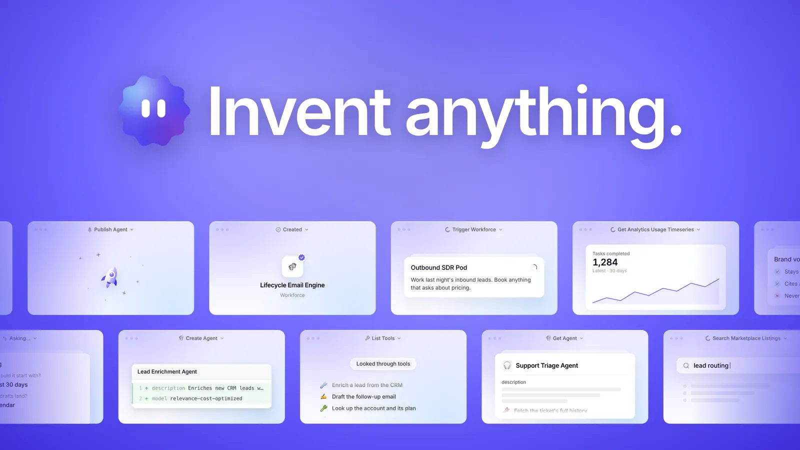 The Invent seal beside the words Invent anything on the Relevance AI purple background, with two rows of Invent tool call windows running off both edges below it: Publish Agent, a created Lifecycle Email Engine Workforce, Trigger Workforce running an Outbound SDR Pod, a usage chart, Create Agent drafting a Lead Enrichment Agent, a list of the project's Tools, and a Support Triage Agent profile