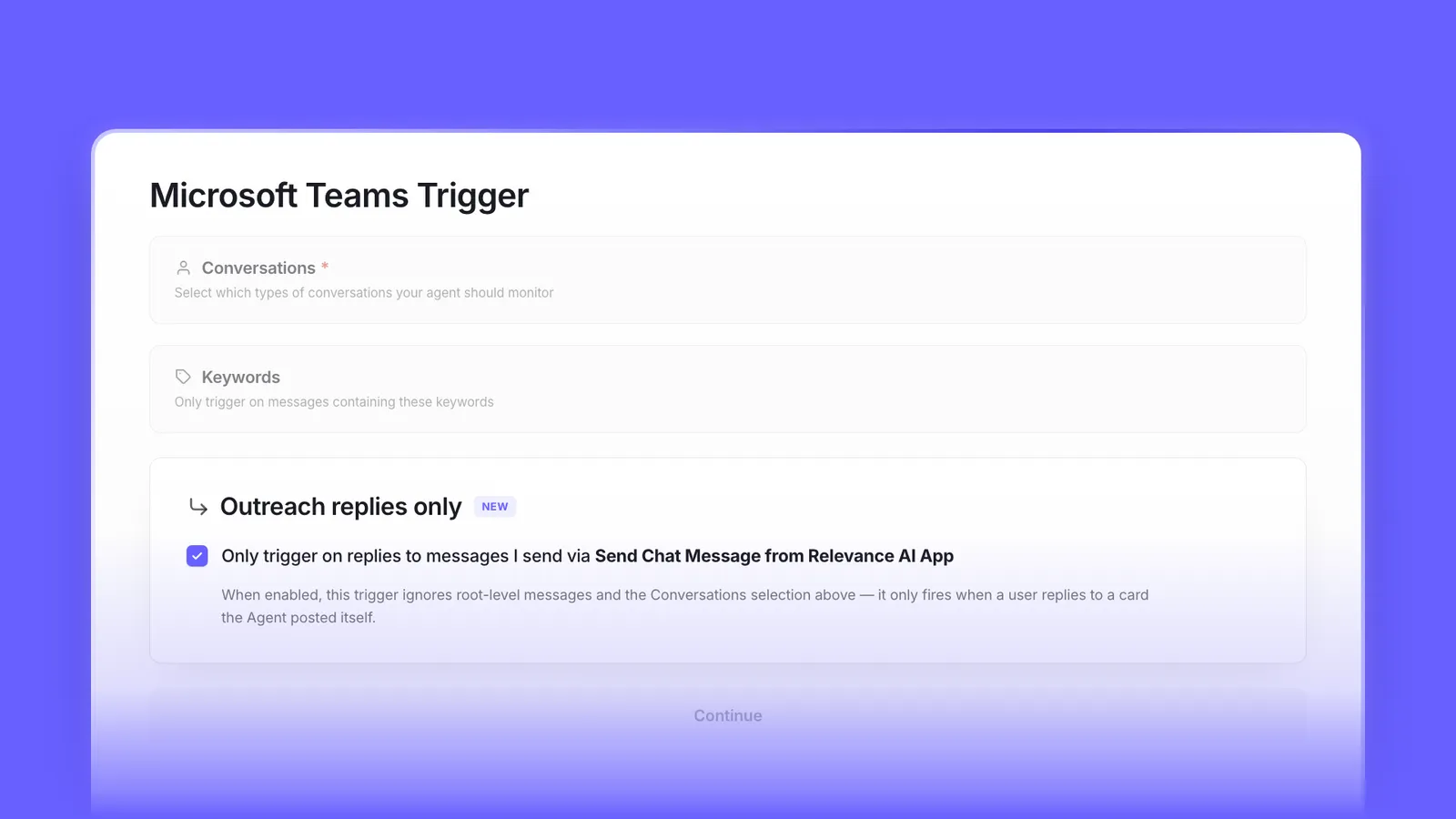 Microsoft Teams trigger settings showing the new Outreach replies only toggle enabled