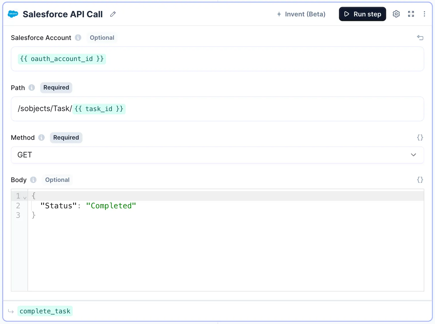 The Salesforce tool step for marking a task complete