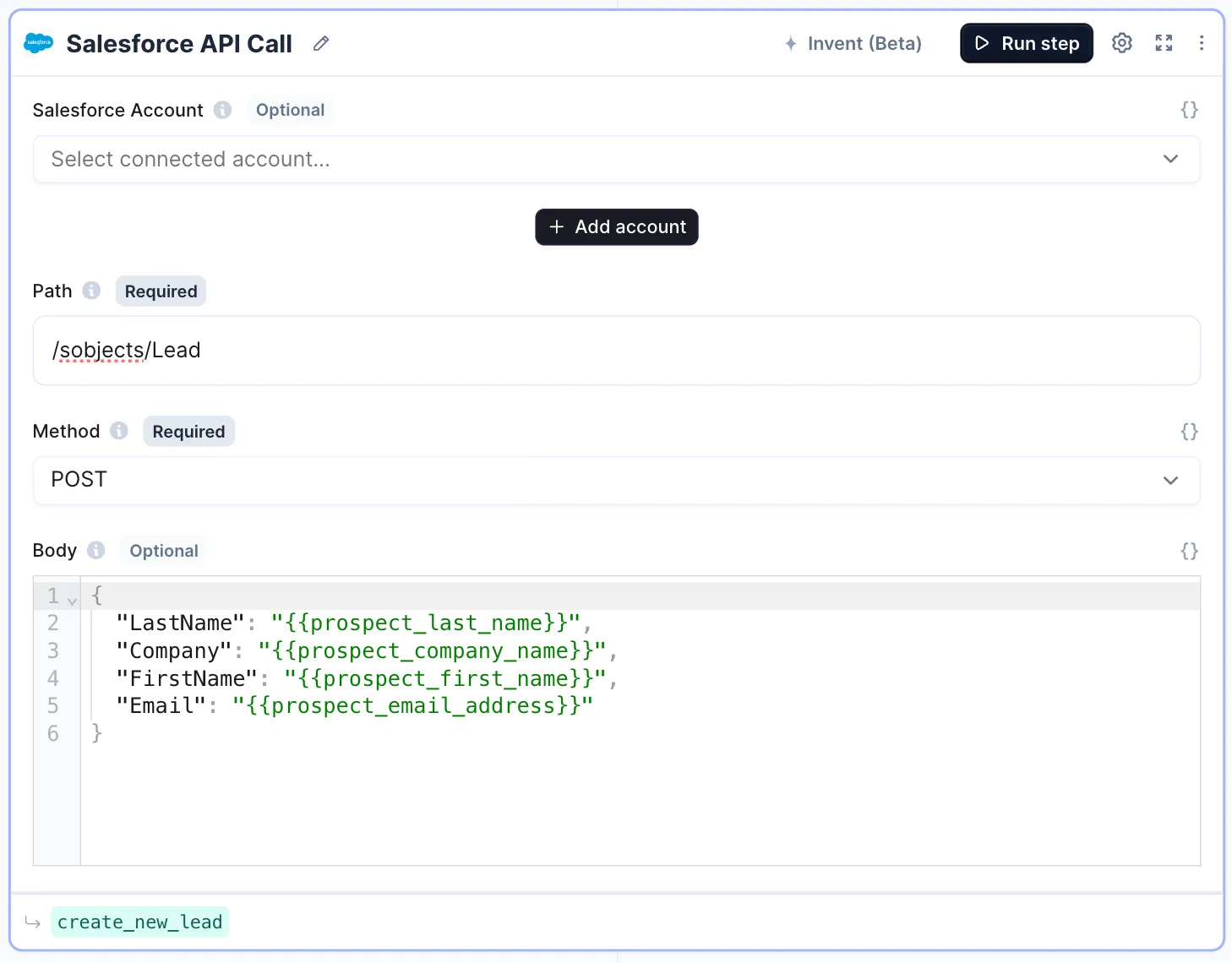 The Salesforce tool step for creating a new lead
