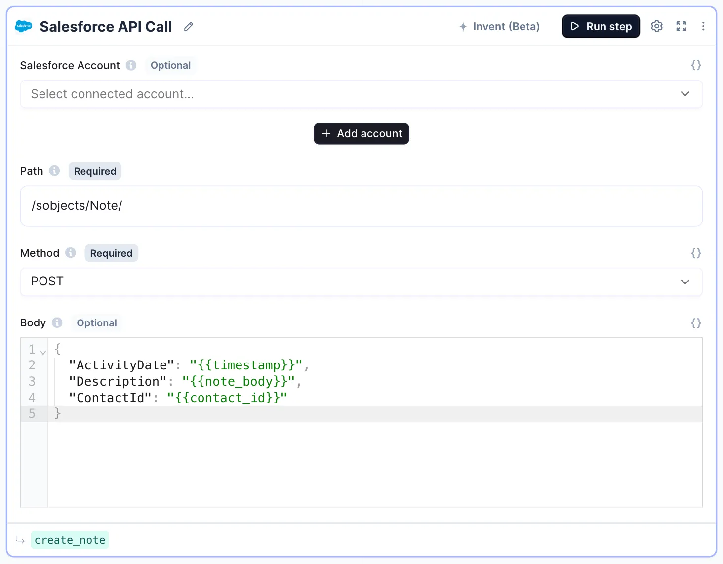 The Salesforce tool step for creating a note