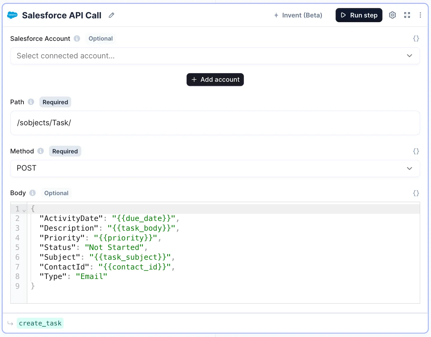 The Salesforce tool step for creating a task
