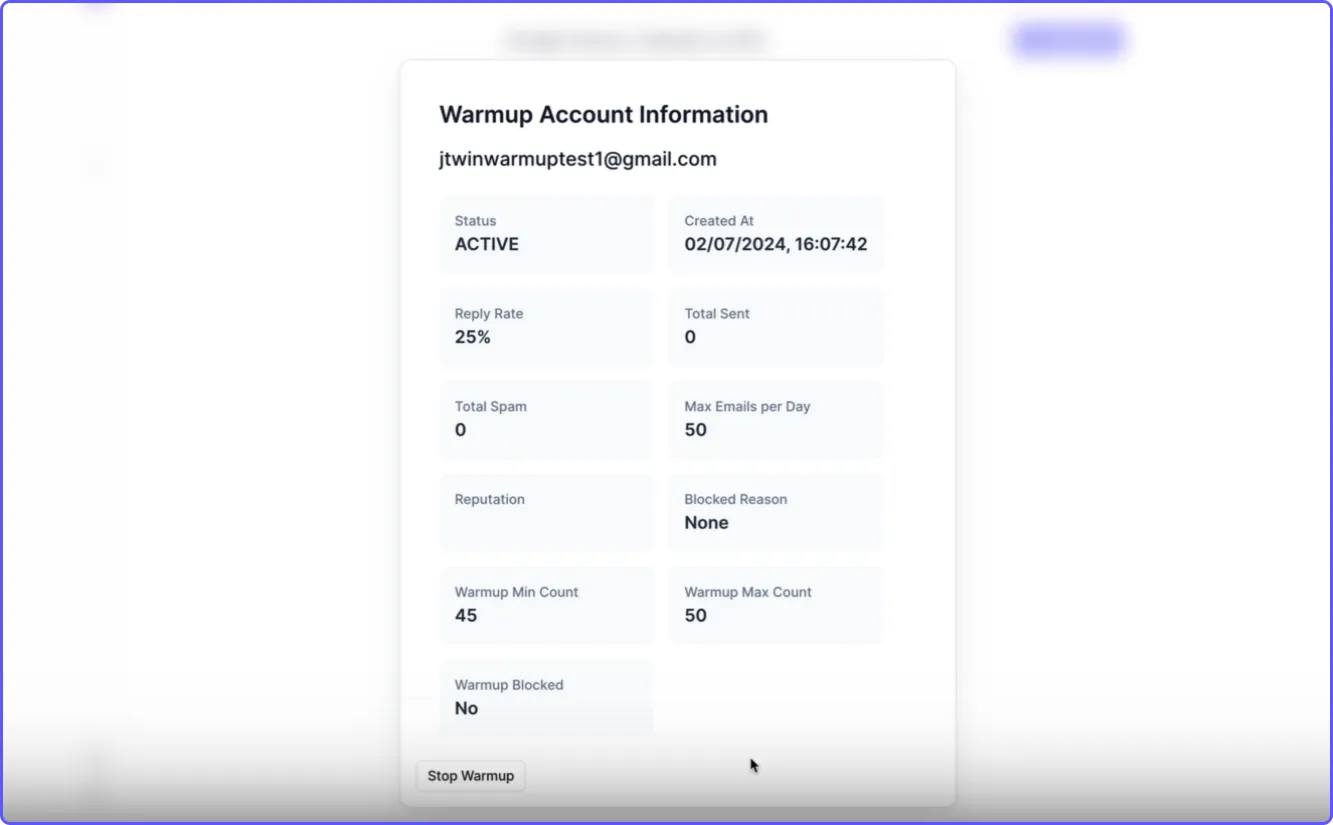 The email warmup statistics panel