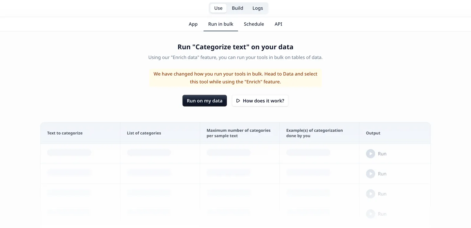Run in bulk tab on the Tool's Use page