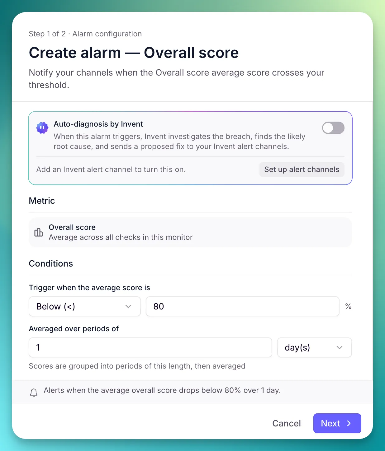 The alarm configuration in Invent