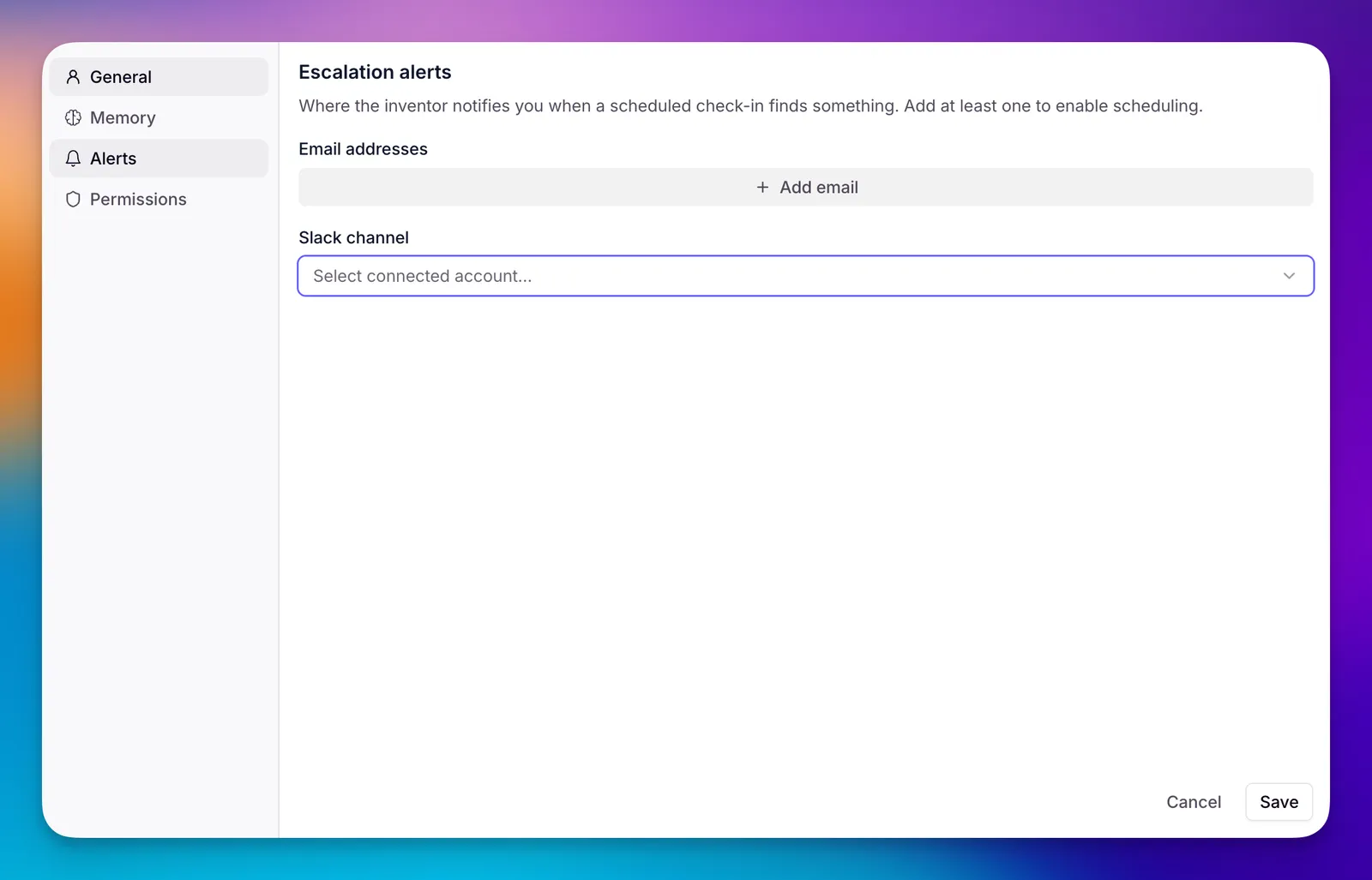 The email and Slack alert settings in Invent