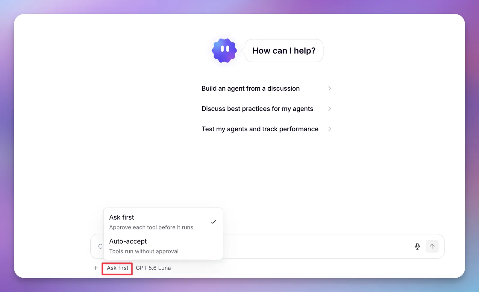 The Ask first and Auto-accept options in the Invent message composer