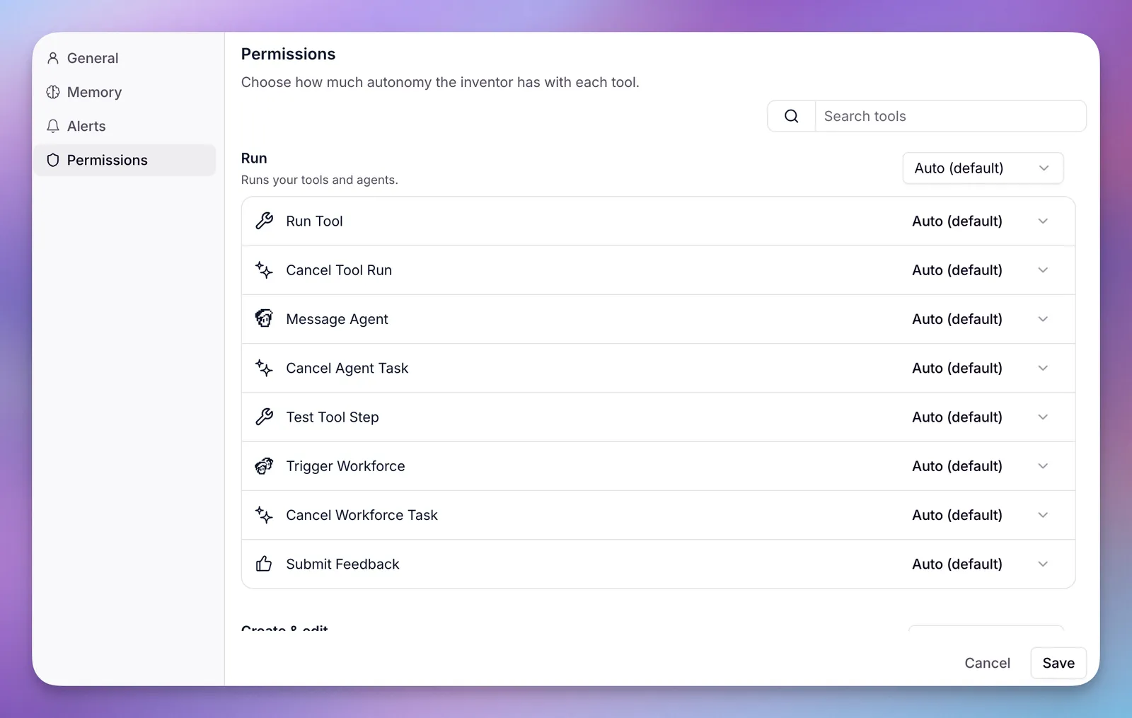 Relevance AI Invent Permissions settings, titled Choose how much autonomy the inventor has with each tool, listing Run Tool, Cancel Tool Run, Message Agent, Cancel Agent Task, Test Tool Step, Trigger Workforce, Cancel Workforce Task and Submit Feedback, each set to Auto (default)
