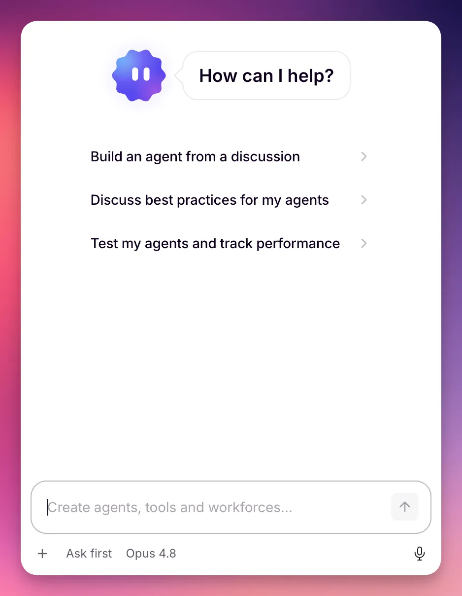 The Invent start menu with suggested prompts and the message composer