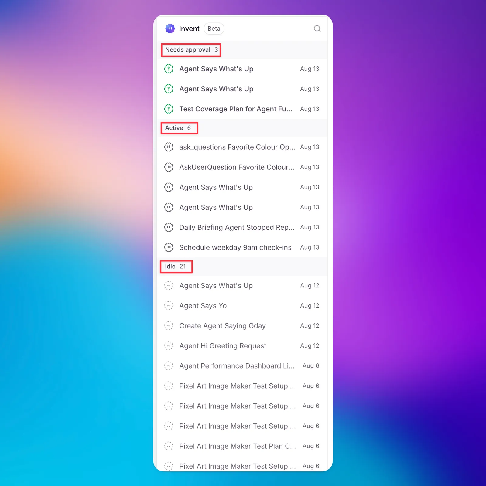 Invent task history showing approve, idle, and other statuses
