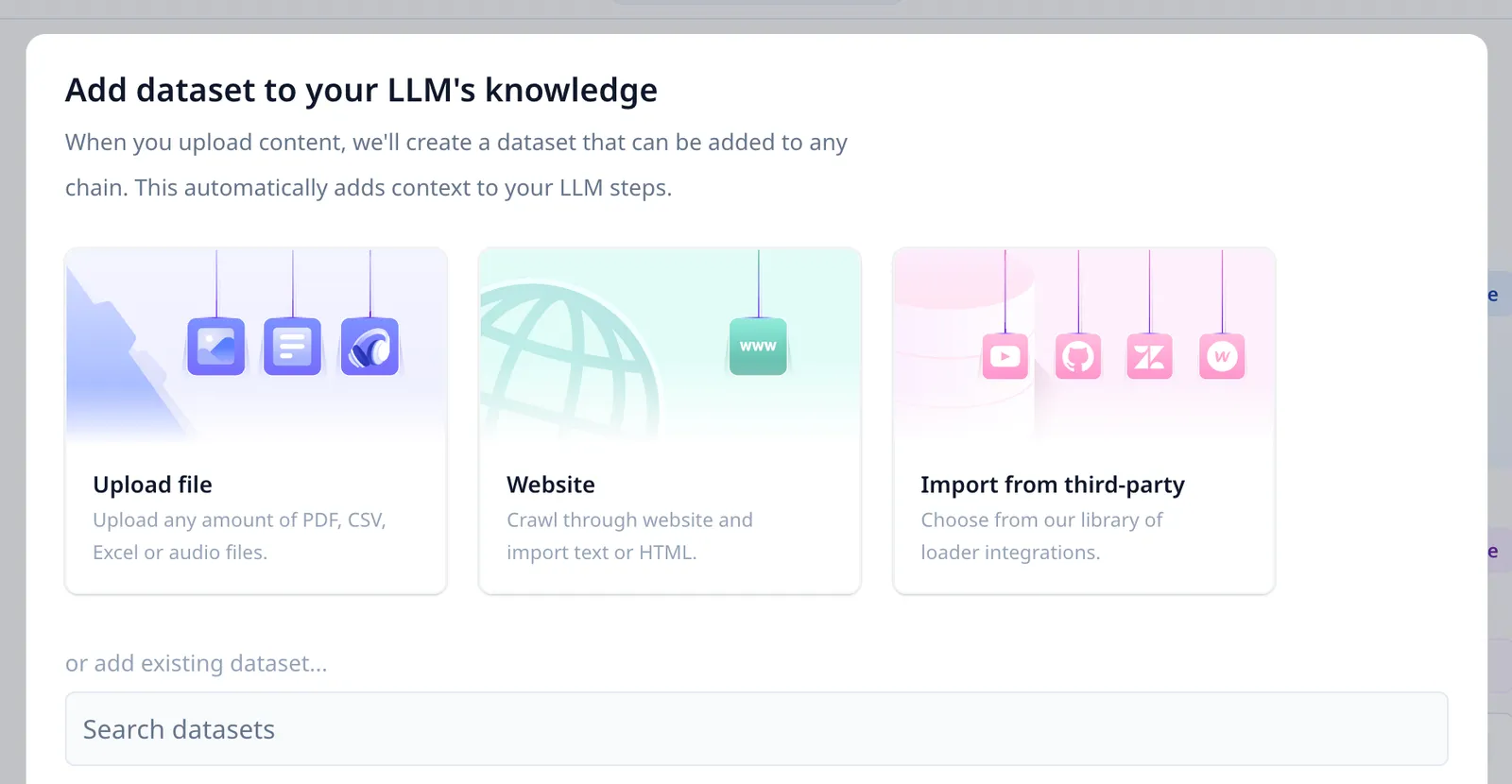 The Add data modal, offering an uploaded file, a website crawl, a third-party integration or an existing dataset