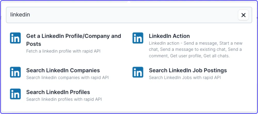 The built-in LinkedIn tools, including profile search, company search, post retrieval and job-posting search