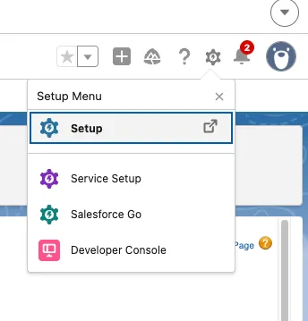 Salesforce Setup menu accessed from the gear icon