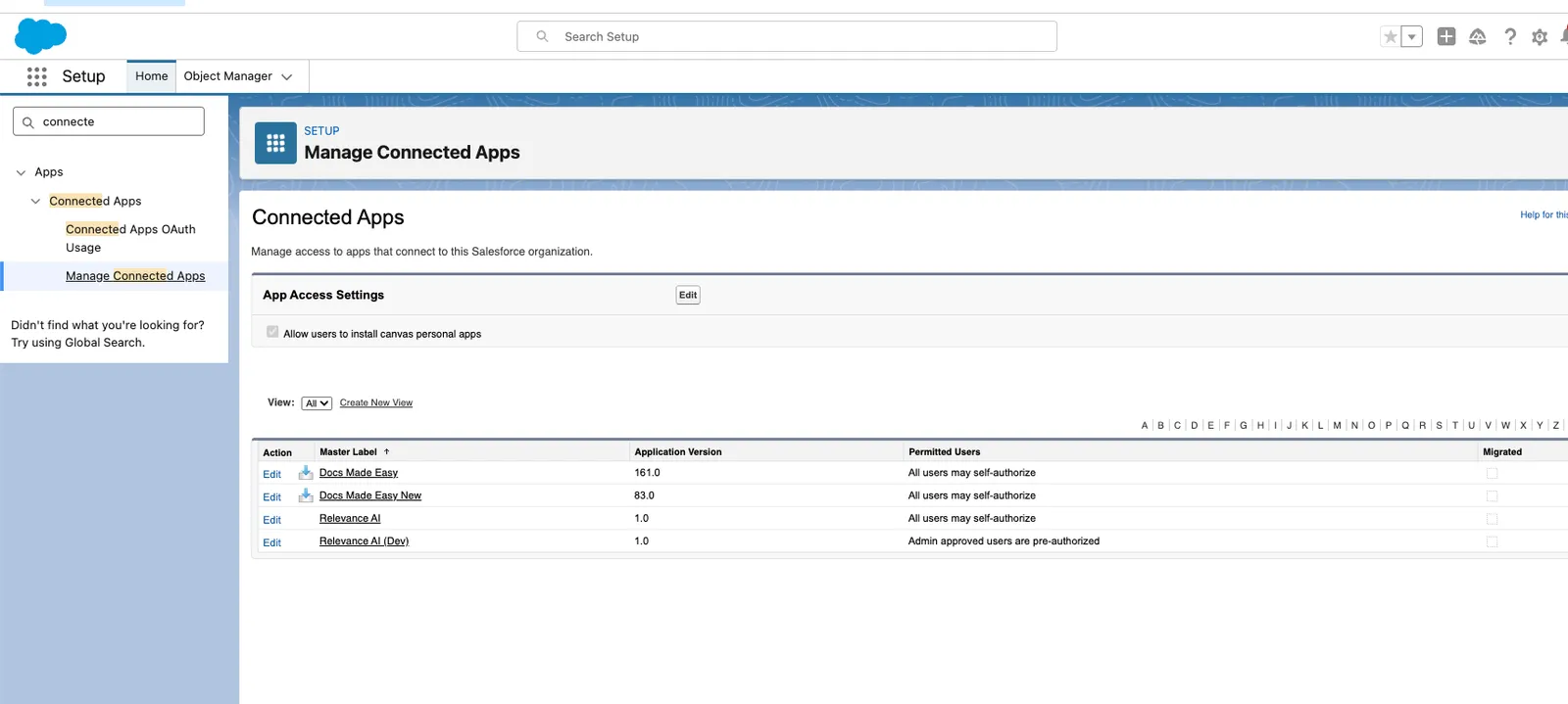 Manage Connected Apps page listing Relevance AI
