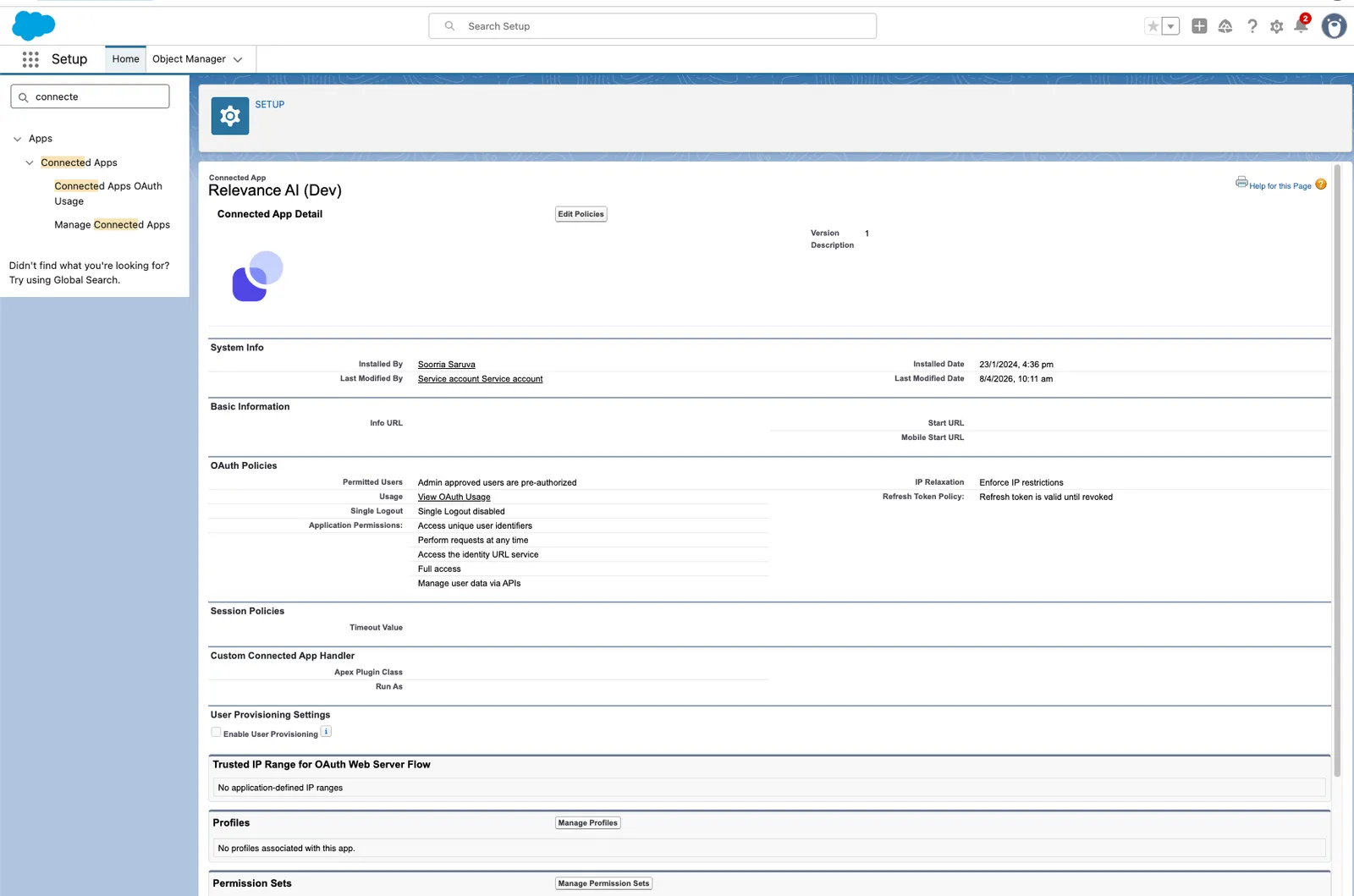 Relevance AI Connected App Detail page