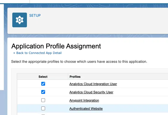 Application Profile Assignment page for selecting authorized profiles