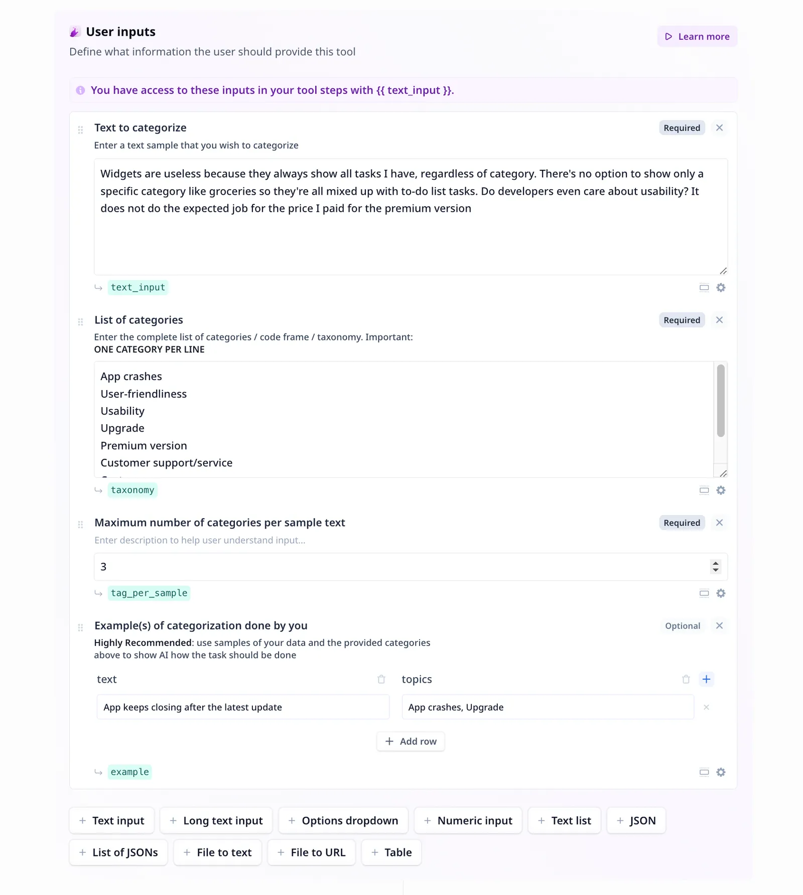 User inputs