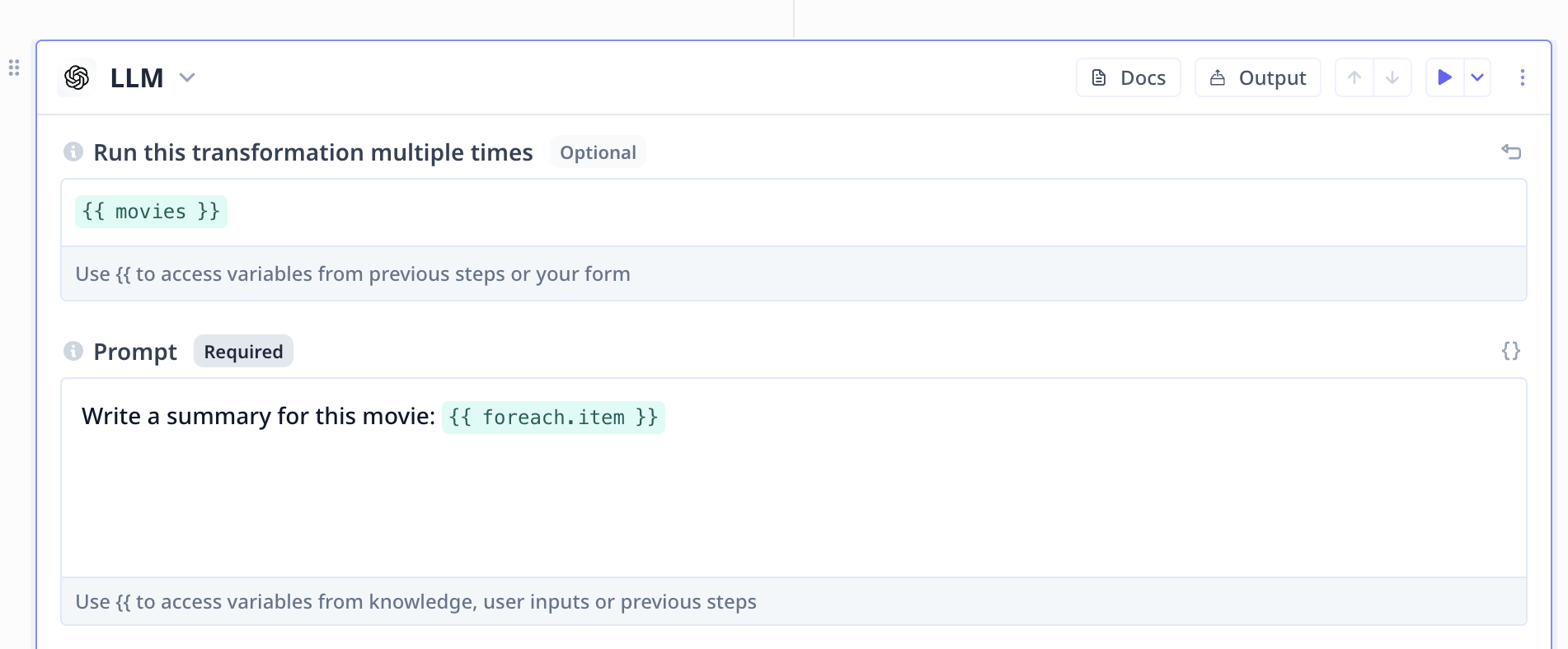 The Loop input on a step, bound to a list variable