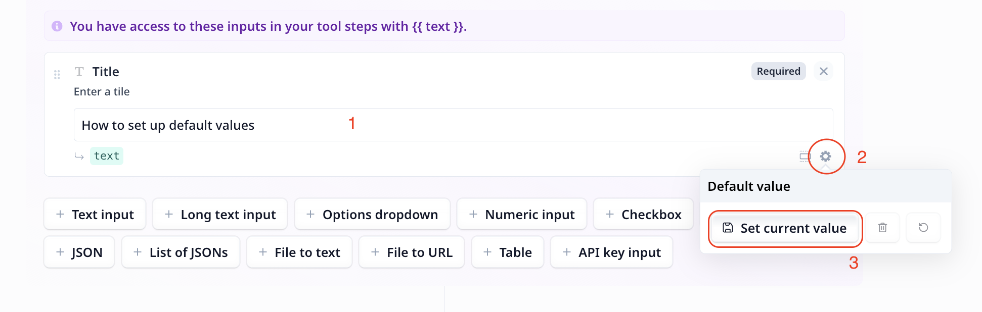 The default value field on a step input